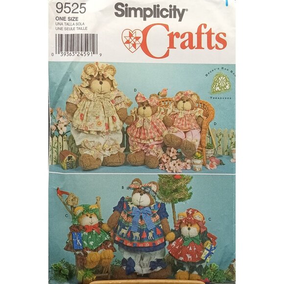 UNCUT Simplicity Crafts Pattern 9525 Rag Bear Dolls & Clothes Vintage Sewing Kit - Picture 1 of 2